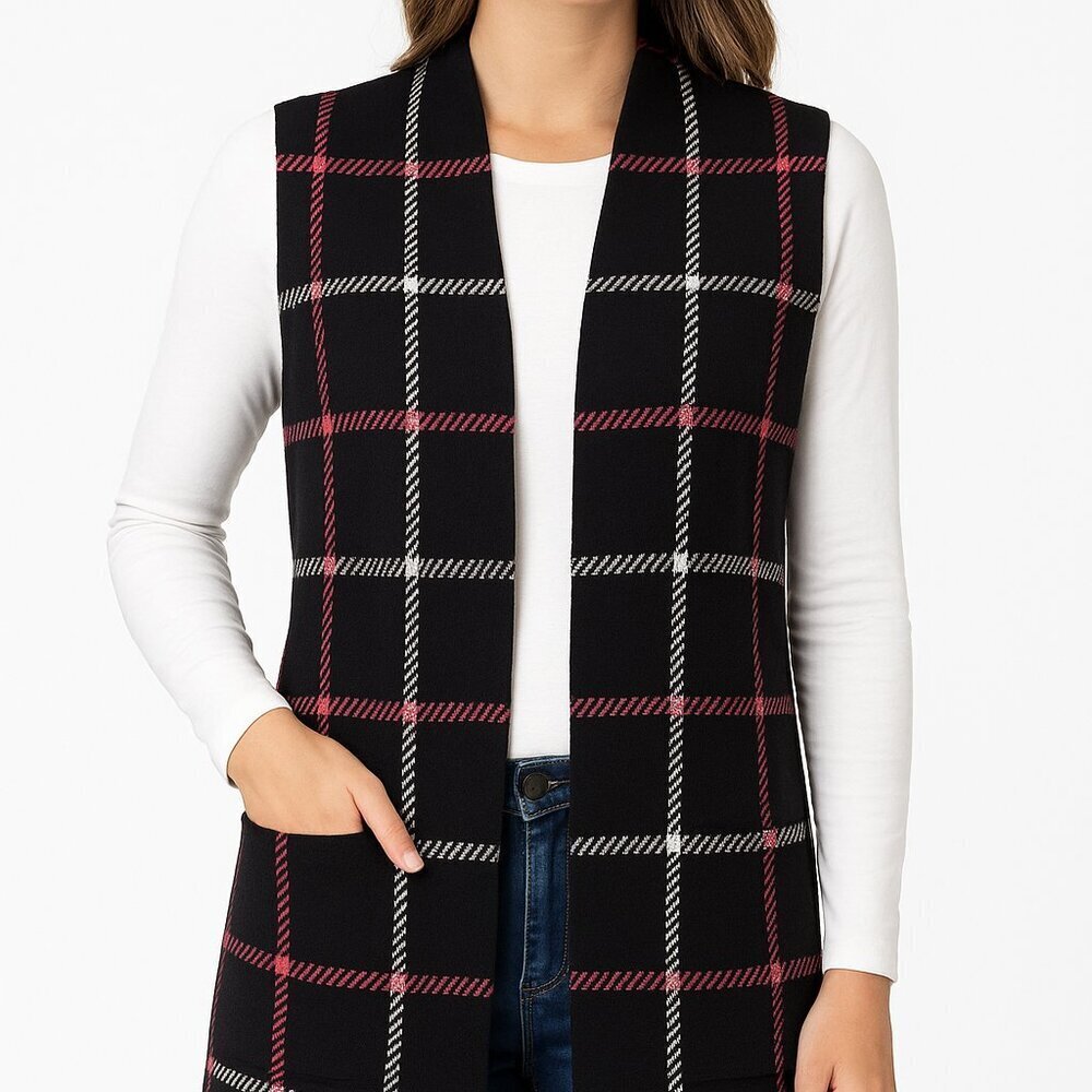 Love Scarlett Plaid Cardigan Vest Black Pink Medium Open Front Pockets